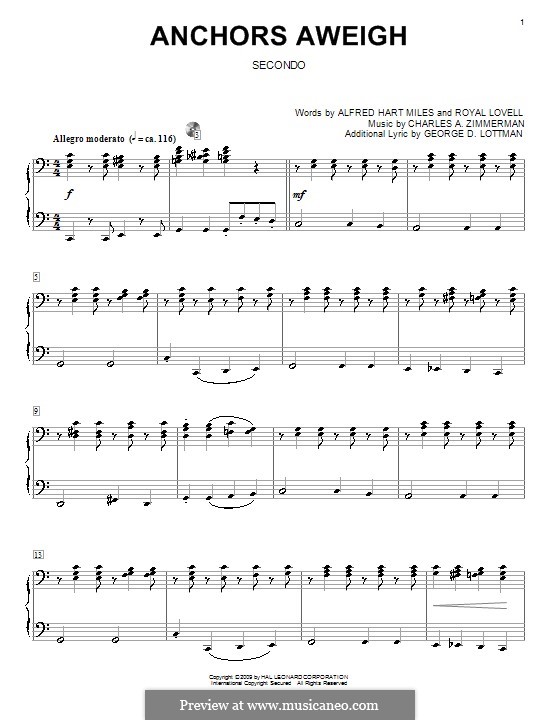Anchors Aweigh (Alfred Hart Miles): For piano four hands by Charles A. Zimmermann, George D. Lottman, Royal Lovell