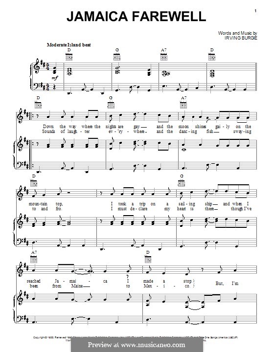 jamaica farewell harry belafonte by i burgie sheet music on island in the sun piano sheet music