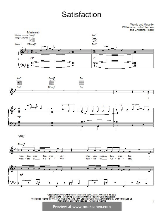Satisfaction (John Legend): For voice and piano (or guitar) by Christine Tiegen, John Stephens, will.i.am