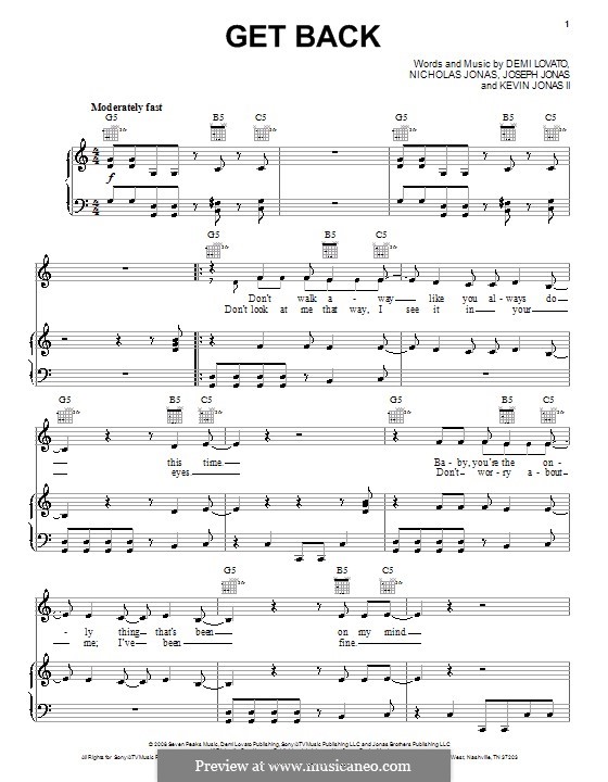 Get Back (Demi Lovato): For voice and piano (or guitar) by Joseph Jonas, Kevin Jonas Sr., Nicholas Jonas