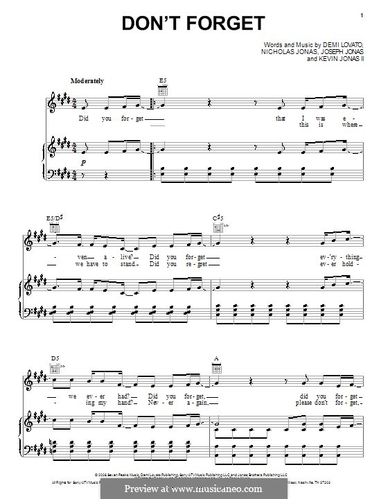 Don't Forget (Demi Lovato): For voice and piano (or guitar) by Joseph Jonas, Kevin Jonas Sr., Nicholas Jonas