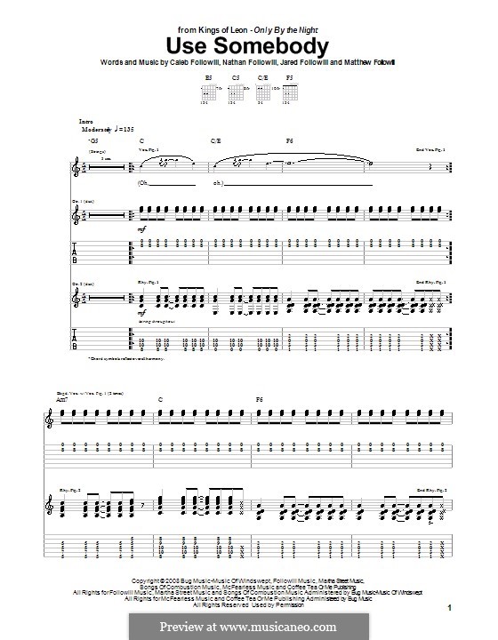 Use Somebody (Kings of Leon): For guitar with tab by Anthony Caleb Followill, Jared Followill, Matthew Followill, Nathan Followill