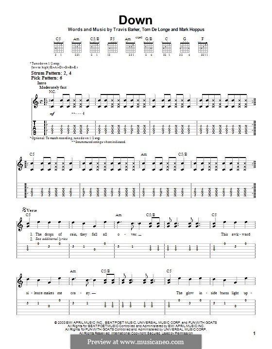 Down (Blink-182): For easy guitar by Mark Hoppus, Tom DeLonge, Travis Barker