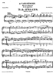 Twelve Variations on an Allegretto, K.500: For piano by Wolfgang Amadeus Mozart