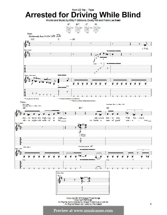 Arrested for Driving While Blind (ZZ Top): For guitar by Billy F Gibbons, Dusty Hill, Frank Lee Beard