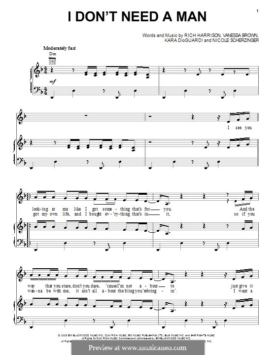 I Don't Need a Man (Pussycat Dolls): For voice and piano (or guitar) by Nicole Scherzinger, Rich Harrison, Vanessa Brown