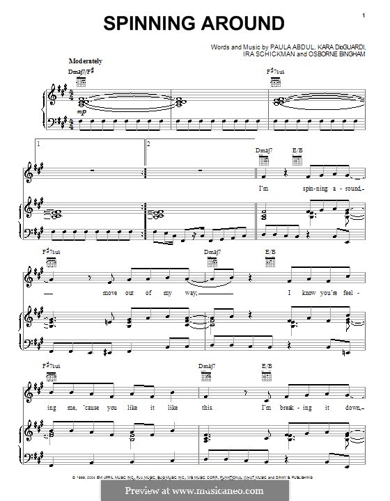 Spinning Around (Kylie Minogue): For voice and piano (or guitar) by Ira Shickman, Kara DioGuardi, Osborne Bingham, Paula Abdul