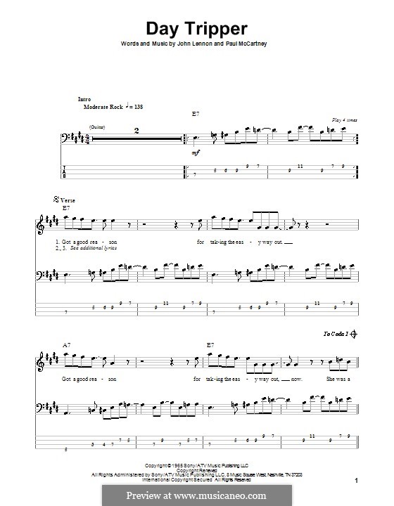 Instrumental version: For bass guitar with tab by John Lennon, Paul McCartney