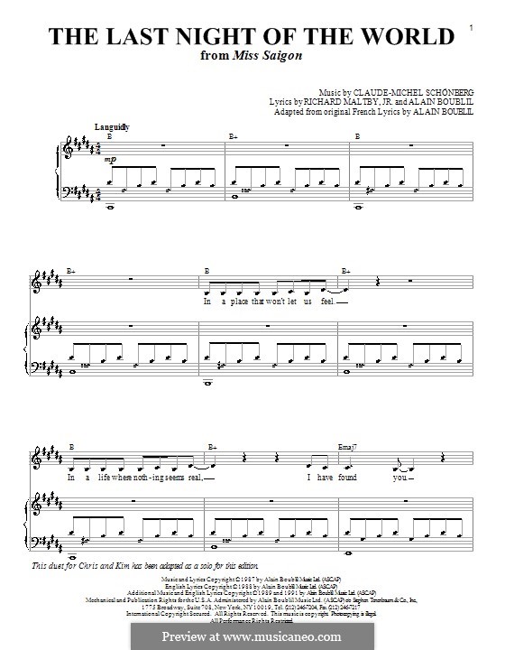 The Last Night of the World: For voice and piano (or guitar) by Claude-Michel Schönberg
