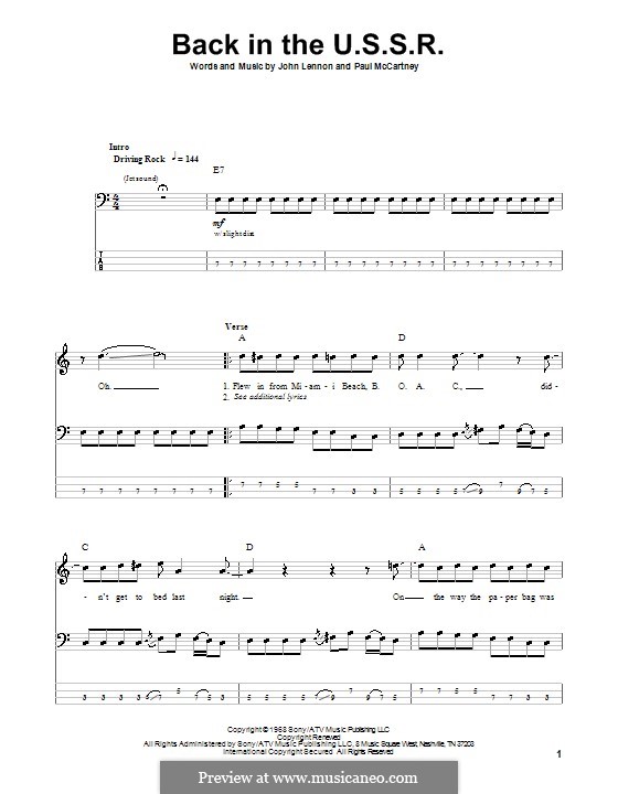 Back in the USSR (The Beatles): For bass guitar with tabulature by John Lennon, Paul McCartney