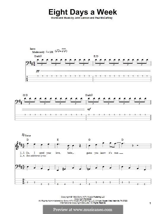Eight Days a Week (The Beatles): For bass guitar with tabulature by John Lennon, Paul McCartney