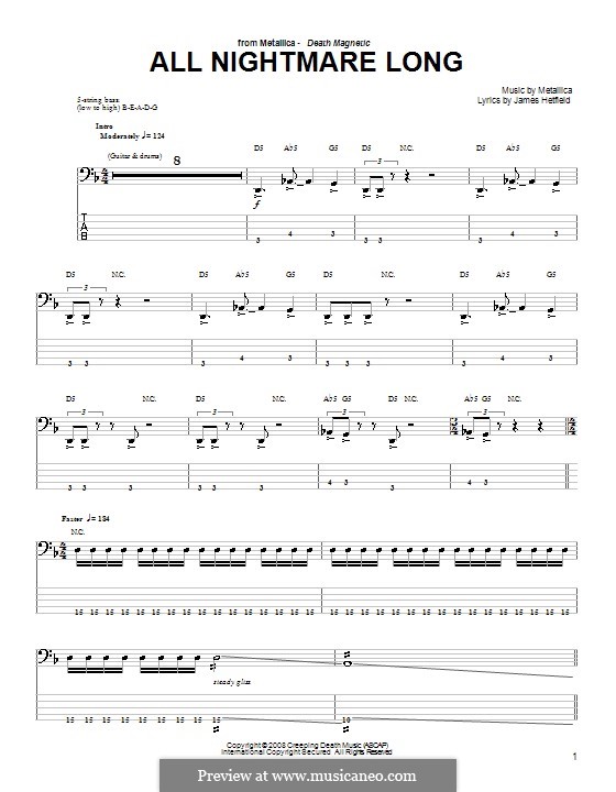 All Nightmare Long (Metallica): For bass guitar with tab by James Hetfield