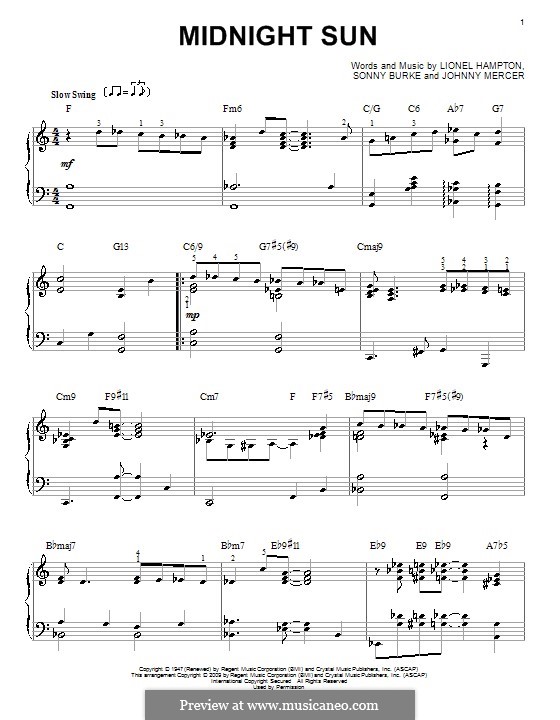 Midnight Sun: For piano by Johnny Mercer, Lionel Hampton, Sonny Burke