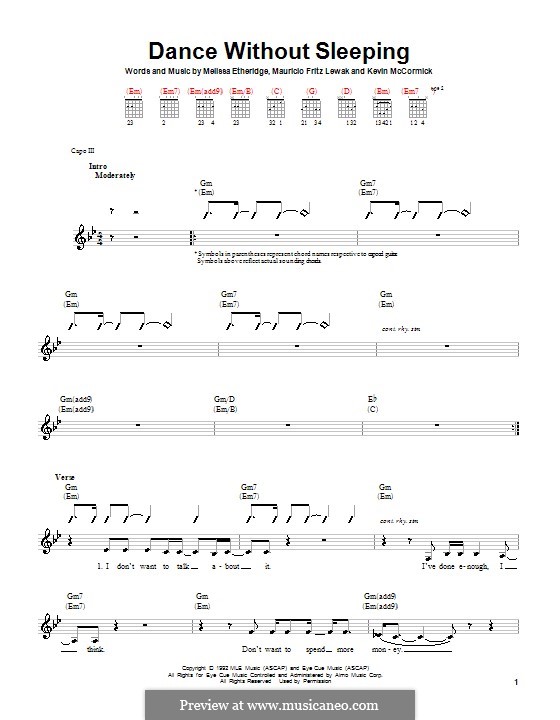 Dance without Sleeping (Melissa Etheridge): For guitar (with strumming patterns) by Kevin McCormick, Mauricio Fritz Lewak
