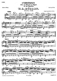 Nine Variations on Minuet by Duport, K.573: For piano by Wolfgang Amadeus Mozart