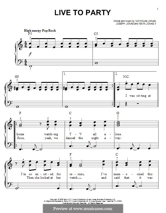 Live to Party (Jonas Brothers): For easy piano by Joseph Jonas, Kevin Jonas Sr., Nicholas Jonas
