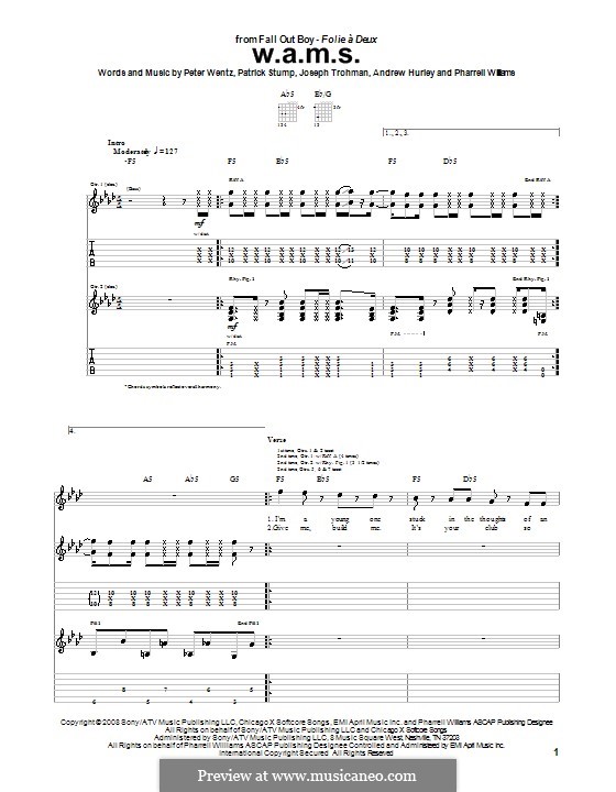 W.A.M.S. (Fall Out Boy): For guitar with tab by Andrew Hurley, Joseph Trohman, Patrick Stump, Peter Wentz, Pharrell Williams