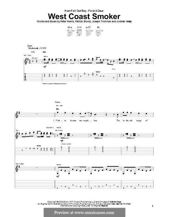 West Coast Smoker (Fall Out Boy): For guitar with tab by Andrew Hurley, Joseph Trohman, Patrick Stump, Peter Wentz