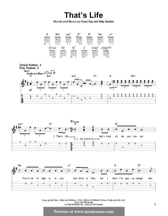 That's Life (Frank Sinatra): For easy guitar with tab by Dean Kay, Kelly Gordon