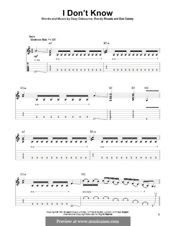 I Don't Know: For guitar with tab by Bob Daisley, Randy Rhoads