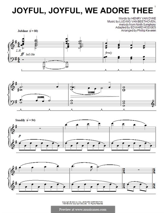 Ode to Joy, for Piano: G Major by Ludwig van Beethoven