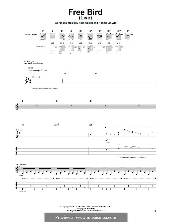 Free Bird (Lynyrd Skynyrd): For guitar by Allen Collins, Ronnie Van Zant