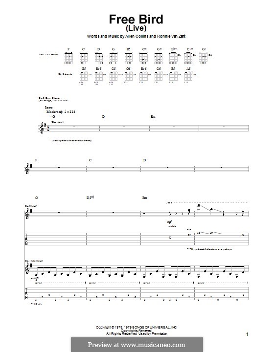 Free Bird (Lynyrd Skynyrd): For guitar by Allen Collins, Ronnie Van Zant
