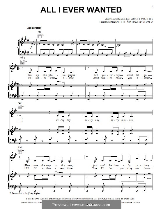 All I Ever Wanted (Kelly Clarkson): For voice and piano (or guitar) by Dameon Aranda, Louis Biancaniello, Samuel Watters