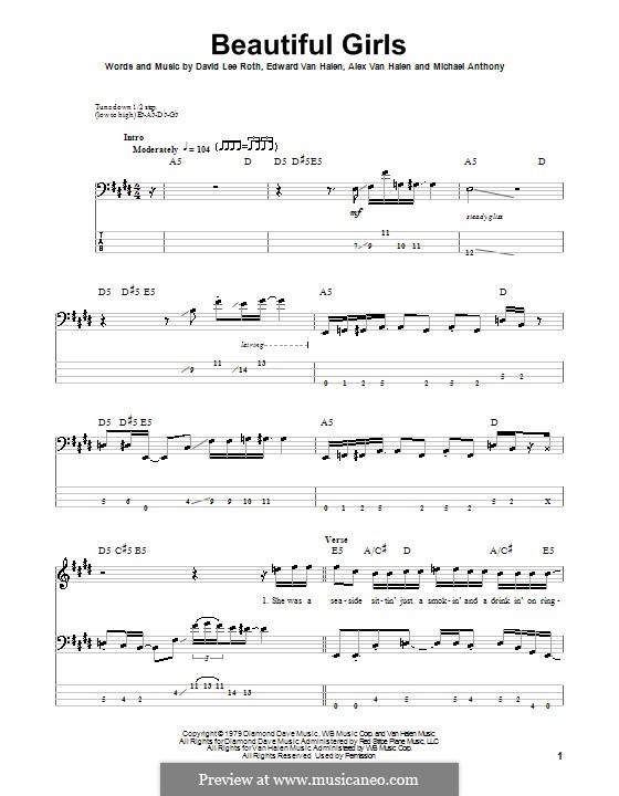 Beautiful Girls (Van Halen): For bass guitar with tab by Alex Van Halen, David Lee Roth, Edward Van Halen, Michael Anthony