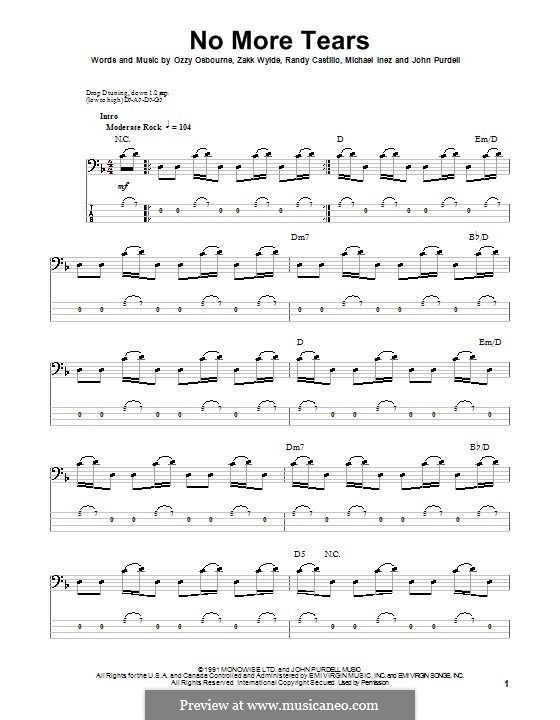 No More Tears (Ozzy Osbourne): For bass guitar with tab by John Purdell, Michael Inez, Randy Castillo, Zakk Wylde