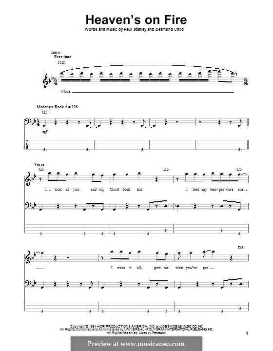 Heaven's on Fire (KISS): For bass guitar with tab by Desmond Child, Paul Stanley