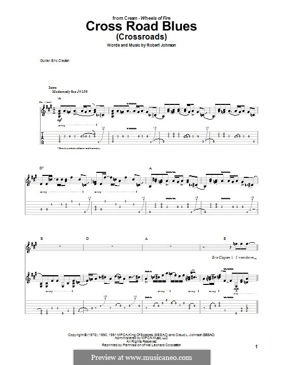 Cross Road Blues (Crossroads): For guitar with tablature (A Major) by Robert Leroy Johnson