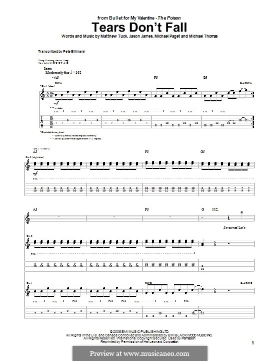 Tears Don't Fall (Bullet for My Valentine): For guitar with tab by Jason James, Matthew Tuck, Michael Paget, Michael Thomas