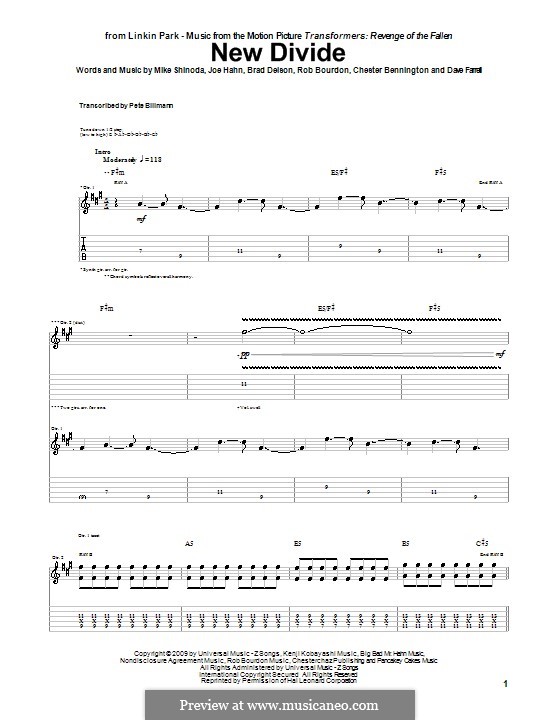 New Divide (from 'Transformers: Revenge of The Fallen') Linkin Park: For guitar by Brad Delson, Charles Bennington, David Farrell, Joseph Hahn, Mike Shinoda, Rob Bourdon