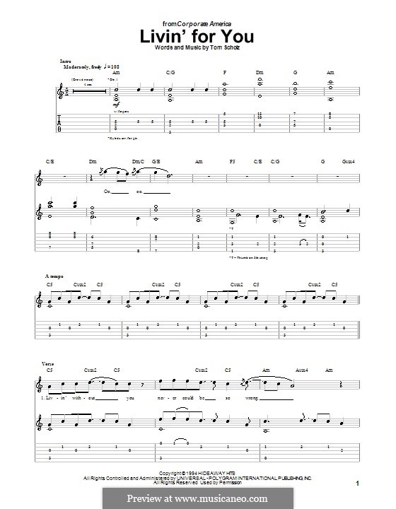Livin' for You (Boston): For guitar with tab by Tom Scholz