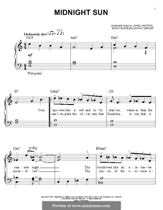 Midnight Sun: For easy piano (Ella Fitzgerald) by Johnny Mercer, Lionel Hampton, Sonny Burke