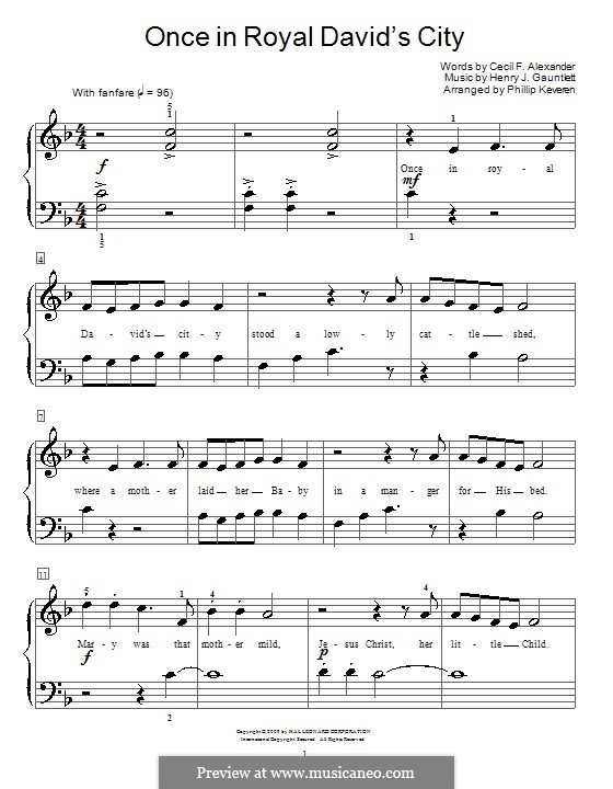 Once in Royal David's City (Printable scores): For easy piano (F Major) by Henry John Gauntlett