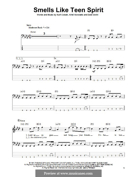 Guitar version: For bass with tab by David Grohl, Krist Novoselic, Kurt Cobain