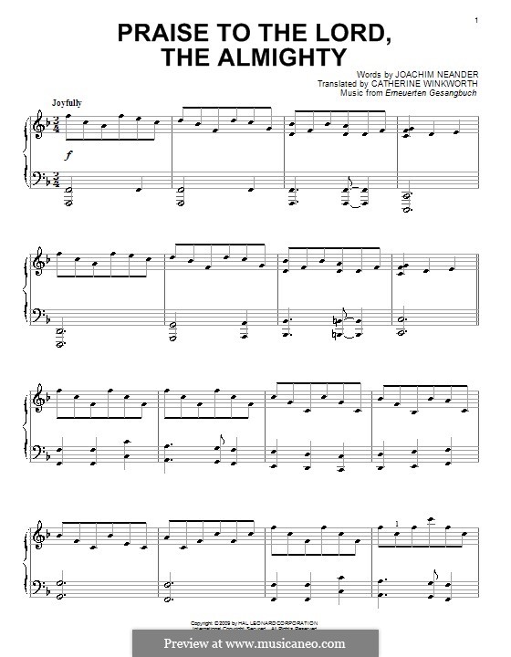 Praise to the Lord, the Almighty: For piano (F Major) by Unknown (works before 1850)