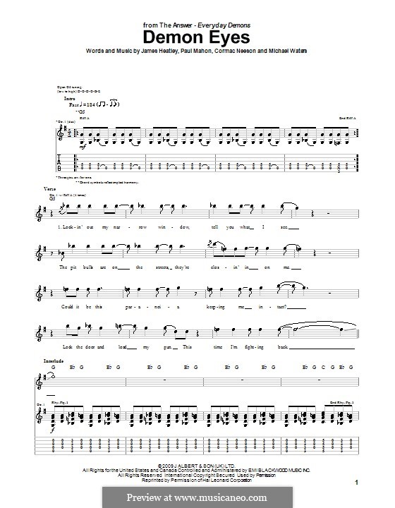 Demon Eyes (The Answer): For guitar with tab by Cormac Neeson, James Heatley, Michael Waters, Paul Mahon