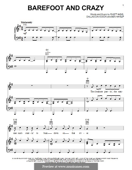 Barefoot and Crazy (Jack Ingram): For voice and piano (or guitar) by Ben Hayslip, Dallas Davidson, Rhett Akins