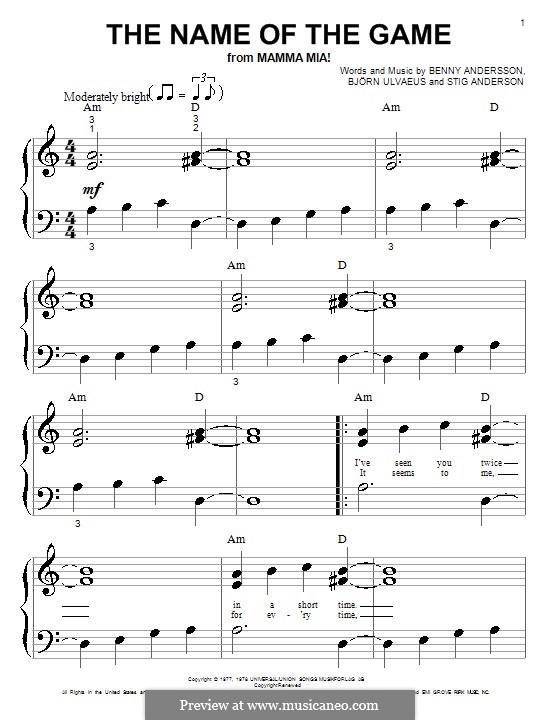 The Name of the Game (ABBA): For piano (very easy version) by Benny Andersson, Björn Ulvaeus, Stig Anderson