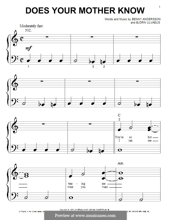 Does Your Mother Know (ABBA): For piano (very easy version) by Benny Andersson, Björn Ulvaeus