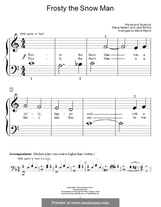 Frosty the Snow Man, for Piano: Very easy version (big notes) by Jack Rollins, Steve Nelson