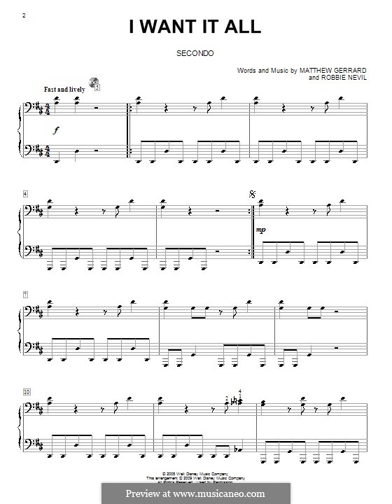 I Want It All (from High School Musical 3): For piano four hands by Matthew Gerrard, Robbie Nevil