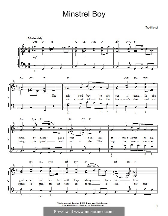 The Minstrel Boy (printable score): For easy piano by folklore
