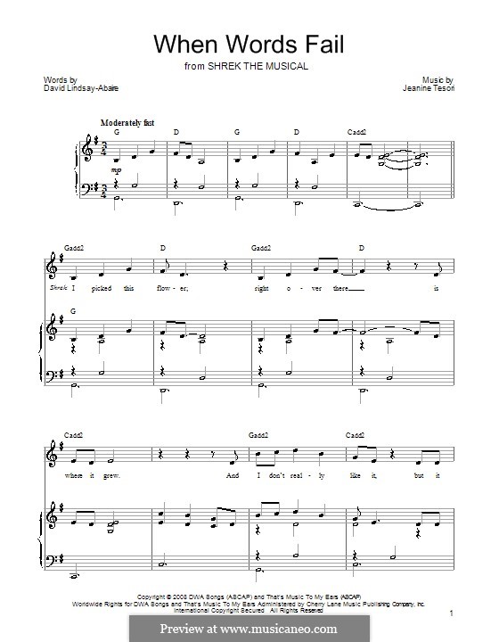When words fail shrek the musical by j tesori sheet music on musicaneo