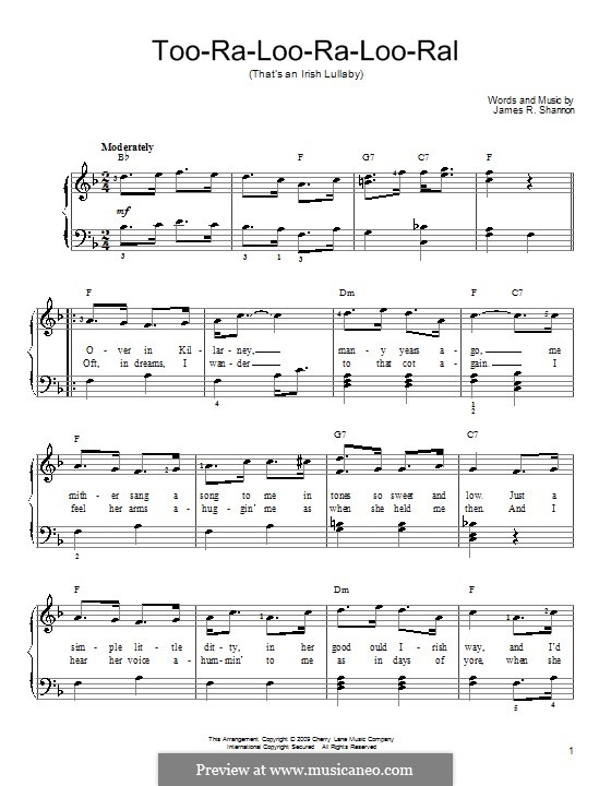 Too-Ra-Loo-Ra-Loo-Ral (That's an Irish Lullaby): For easy piano by James Royce Shannon