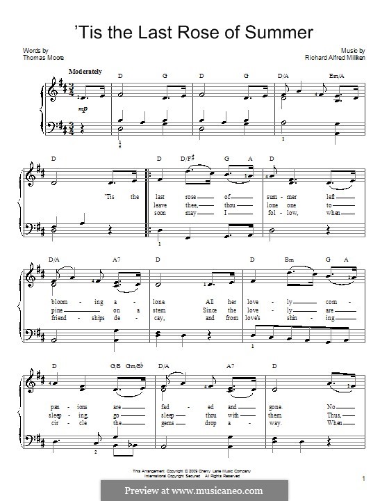 Tis The Last Rose Of Summer By R A Milliken Sheet Music On Musicaneo