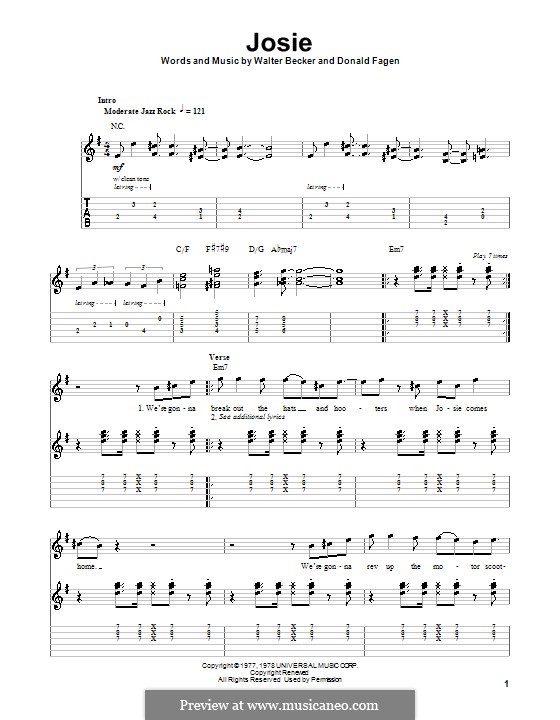 Josie (Steely Dan): For guitar with tab by Donald Fagen, Walter Becker